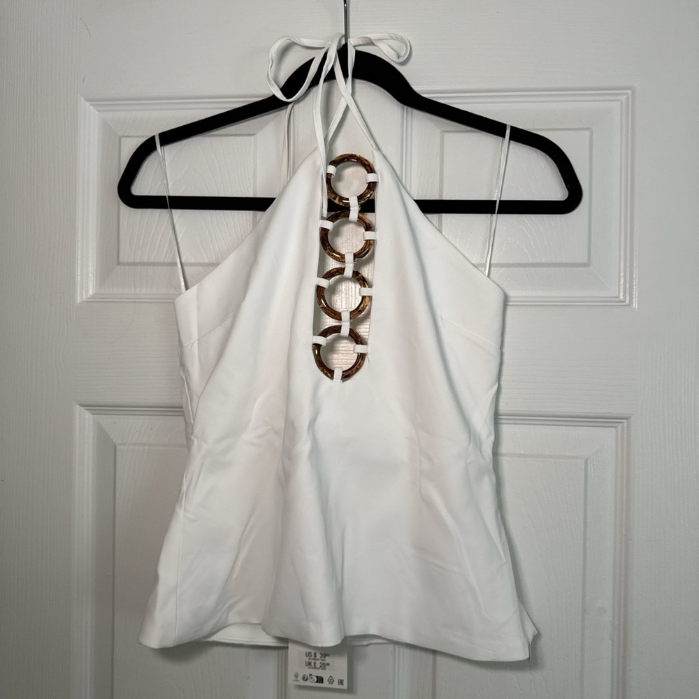 White Zara Halter Top with brown circle details.